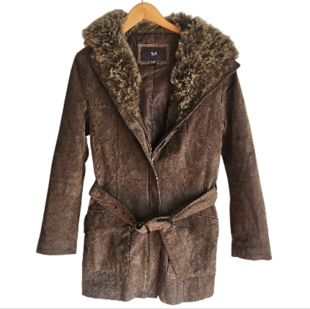 TCM Brown Faux Fur Lined Leather Coat With Hood And Belt Penny Lane Boho Sz S‎
